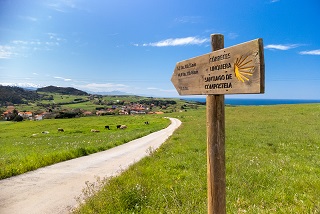 Santiago de Compostela wooden sign in Spanish countryside