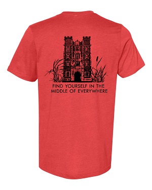 Reunion 2025 tshirt back with Gates Tower and prairie grasses