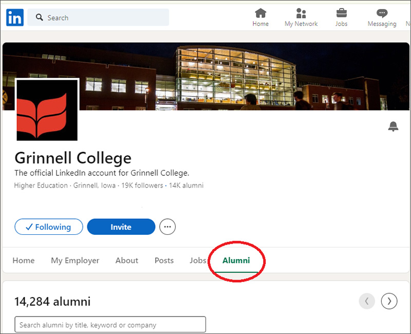 A screenshot of the Grinnell College LinkedIn page with the Alumni tab circled.