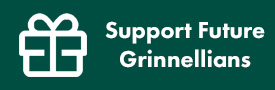 Button: White icon and text on a forest green background. Icon: A present with a bow. Text: Support Future Grinnellians