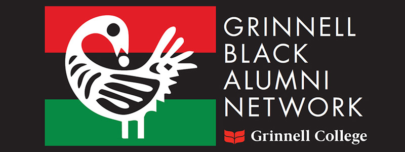 Text: Grinnell Black Alumni Network. Image: A white and black stylized bird on a red, black, and green flag. The Grinnell College logo sits below the text.