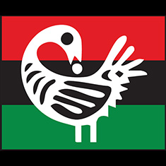 Image: A white and black stylized bird on a red, black, and green flag.