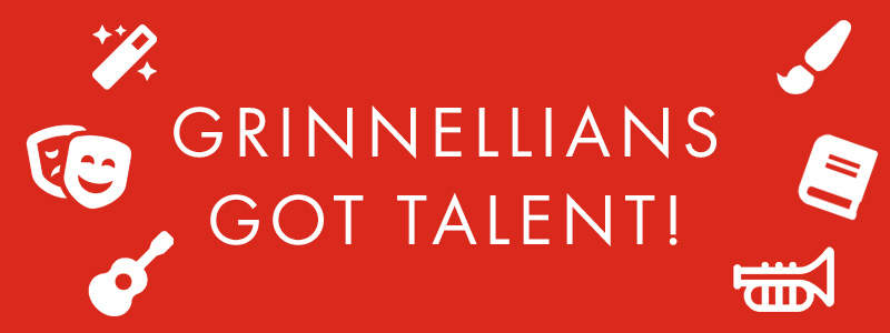 White text on red background. Text: Grinnellians Got Talent! Icons in white floating around the text. Icons: Magic Wand, Theatre Faces, Guitar, Paint Brush, Book, and Trumpet. 