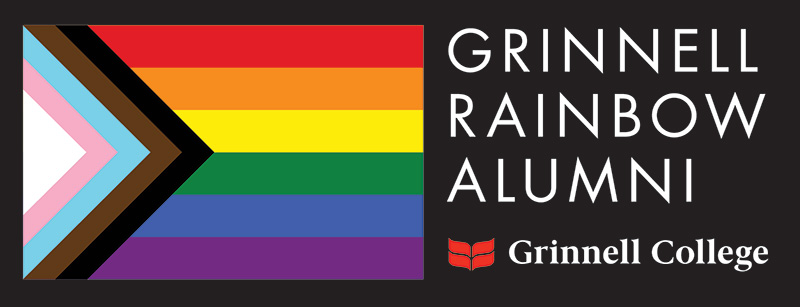 A LGBTQIA+ rainbow flag with text. Text: Grinnell Rainbow Alumni.