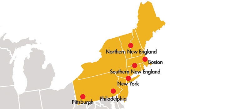 A map with the Northeast states highlighted. On the map locations of the Grinnell regional networks. Dots and lables for: Northern New Englane, Boston, South New England, New York, Philadelphia, and Pittsburgh.