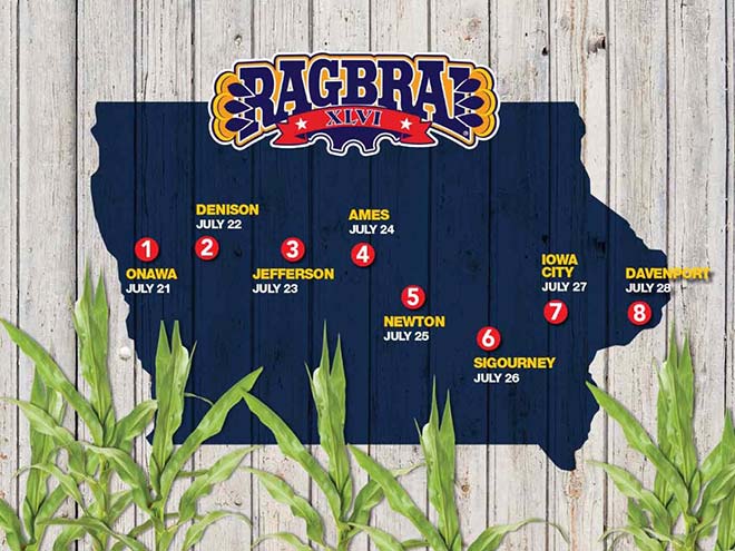 Stylized map of the RAGBRAI 2018 route. Starts in Onawa in the west and ends in Davenport in the east.