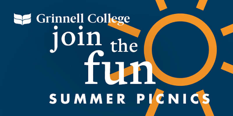 A yellow stylized sun sits behind the text on the blue background. White text: Grinnell College Join the Fun Summer Picnics.