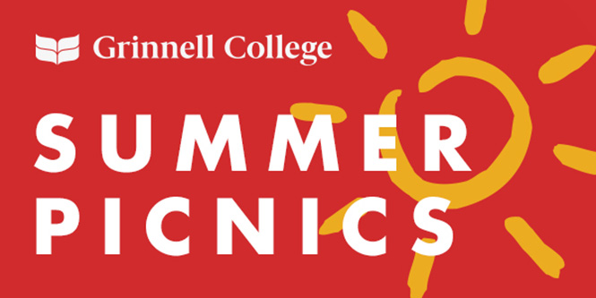 Text: Summer Picnics Image: A red background with a drawn sun behind the text.