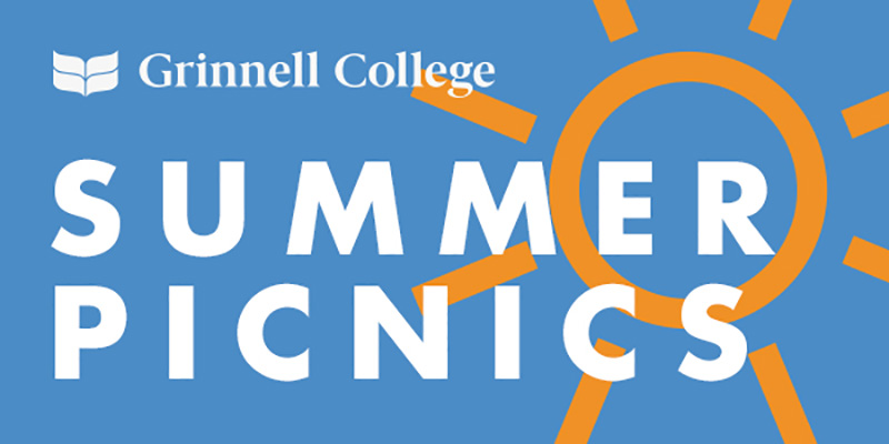 White text on blue background. Text: Summer Picnics. A Yellow stylized sun sits behind the text. 