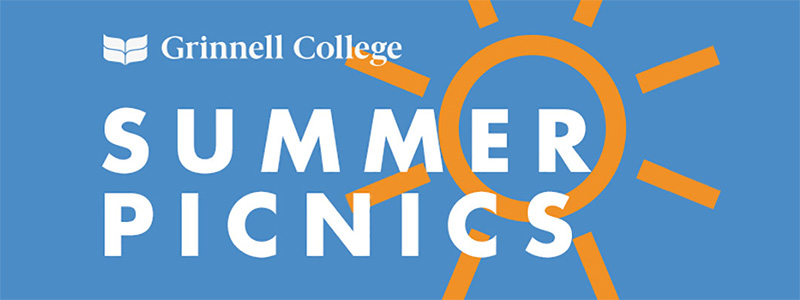 White text on a blue background. Text: Summer Picnics. A stylized sun sits behind the text. 