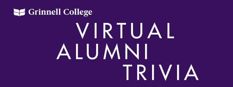 White text on purple background. Text: Virtual Alumni Trivia