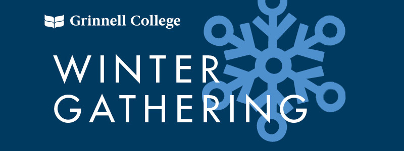 White text on blue background. Text: Winter Gathering. A light blue snowflake sits behind the text over the darker blue background.