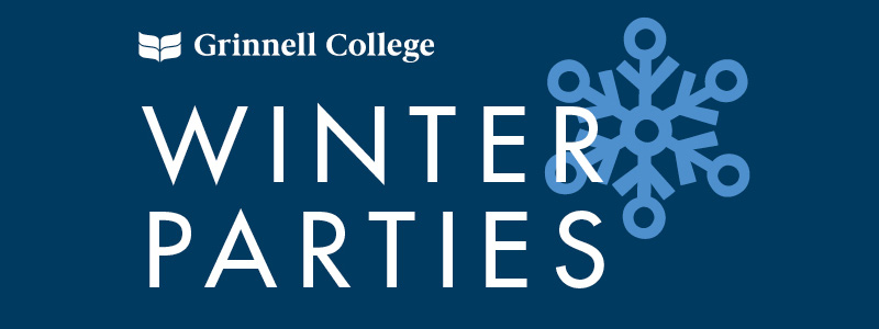 White text and white Grinnell College logo on a navy blue background. Text: Winter Parties. Icon: A light blue snowflake sits behind the text.