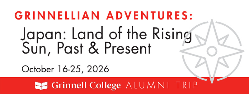 Red and Black Text on a white background. Text: Grinnellian Adventures: Japan: Land of the Rising Sun, Past & Present - October 16-25, 2026 - Grinnell College Alumni Trip. A stylized compass in gray sits next to the text.