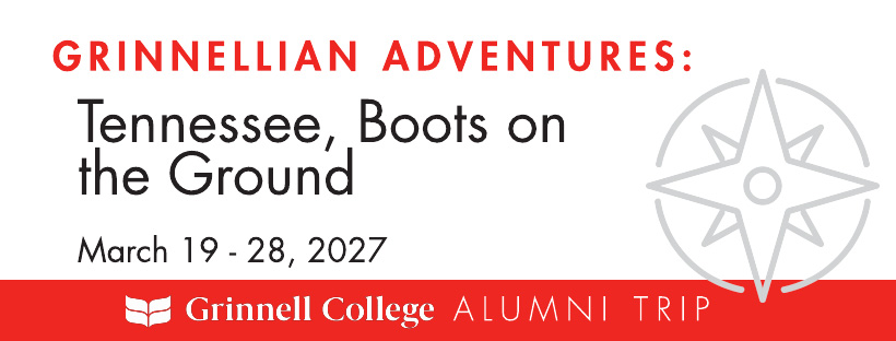 Red and Black Text on a white background. Text: Grinnellian Adventures: Tennessee, Boots on the Ground - March 19-28, 2027. A stylized compass in gray sits next to the text.