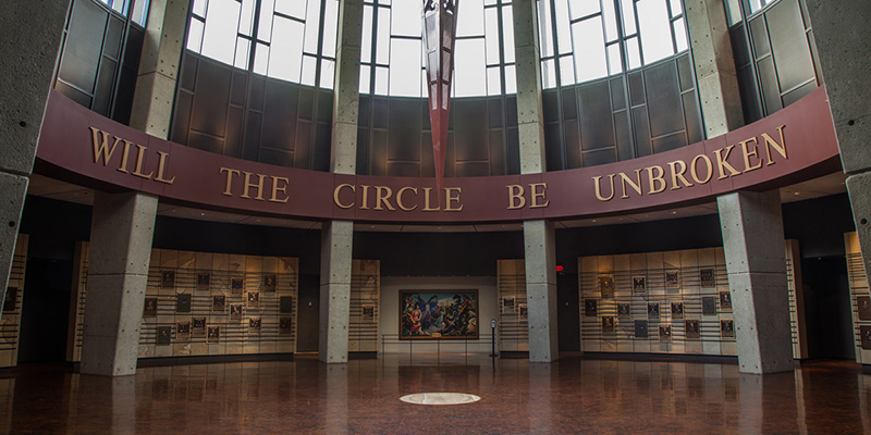 Atrium area of the Country Music Hall of Fame featuring plaques of inductees.