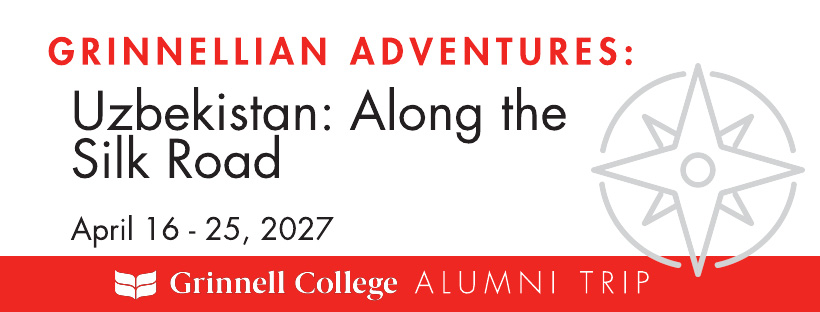Red and Black Text on a white background. Text: Grinnellian Adventures: Uzbekistan: Along the Silk Road - April 16-25, 2027. A stylized compass in gray sits next to the text.