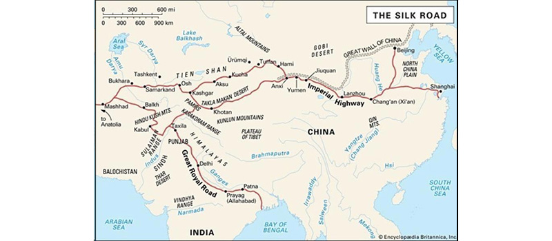 Map of the Silk Road going through Uzbekistan, India, and China, along with surrounding areas. 