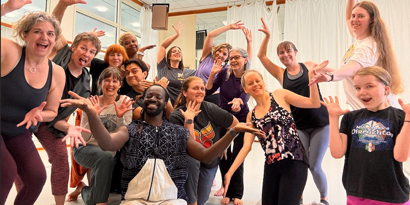 Aguibou Sanou (pictured knealing at bottom), assistant professor of theatre, dance, and performance studies, led a highly animated dance workshop Friday morning.