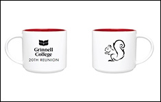 White Coffee mug with a red interior finish. Text: Grinnell College 20th Reunion. Image: Squirrel illustration. 