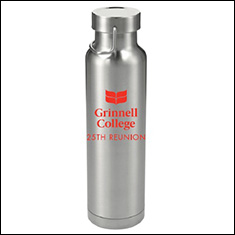Steel finish steel water bottle. Text: Grinnell College 25th Reunion