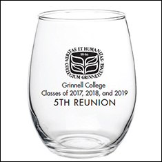 Wine glass featuring the Grinnell College seal. Text: Grinnell College Classes of 2017, 2018, and 2019 5th Reunion
