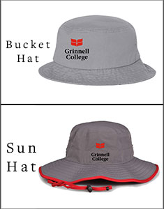 A white bucket hat and a gray sun hat. Both feature the Grinnell College logo.