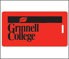 A red luggage tag features a retro Grinnell College logo. 