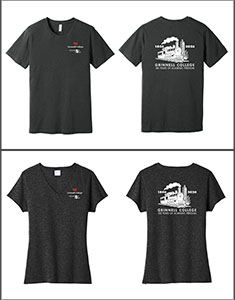 Two dark gray t-shirts. One is a crew cut while the other is a Women's V neck style. Both feature a Train design on the back. 