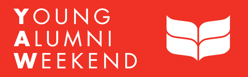 White Text on Red Background. Text: Young Alumni Weekend. Icon: Grinnell College Double Laurel Leaves Logo