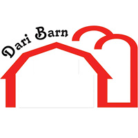 Logo for Dari Barn. A red outline of a bar with grain silos. Text: Dari Barn