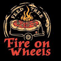 Logo for Fire on Wheels. The logo is a pizza sitting the front end of a car. Text: Fire on Wheels, Feed Thee