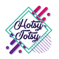 Logo for Hotsy Totsy. Text: Hotsy Totsy surrounded in a green square with purple and pink accents. 
