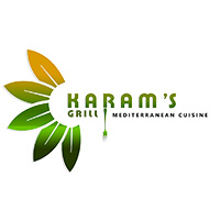 Logo for Karam's Grill. Text: Karam's Grill, Mediterranean Cuisine. Image: Leaves create a half circle around the beginning of the text.   