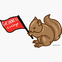 An illustrated squirrel holds a red flag featuring the text Grinnell College