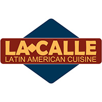 Logo for La-Calle. Yellow text in a brick red box with a navy blue diamond behind. Text: La-Calle, Latin American Cuisine