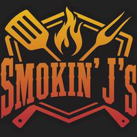 Logo for Smokin' J's. The name text is incorporated into a skull and crossbones patern featuring a grill turner and a cooking pitch form. Colors move from yellow down to red to represent flames.