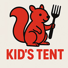 Text: Kid's Tent. Image: A red cartoon squirrel holds a fork. 