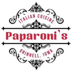 Text: Paparoni's Italian Cuisine Grinnell, Iowa. Black Scroll work surround the text. 