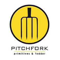 Text: Pitchfork Primitives & Fodder. Icon: A four prong pitchfork sits on a yellow circle.