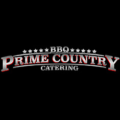 Text: Prime Country Catering. The text sits on a black background.