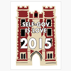 Text: Self-Gov is Love. The text sits on a characterized image of Gates Tower on the campus of Grinnell College