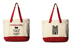 A red and white canvas tote. The tote has Grinnell College Reunion 2025 Printed on one side with an illustration of Gates Tower on the other. 