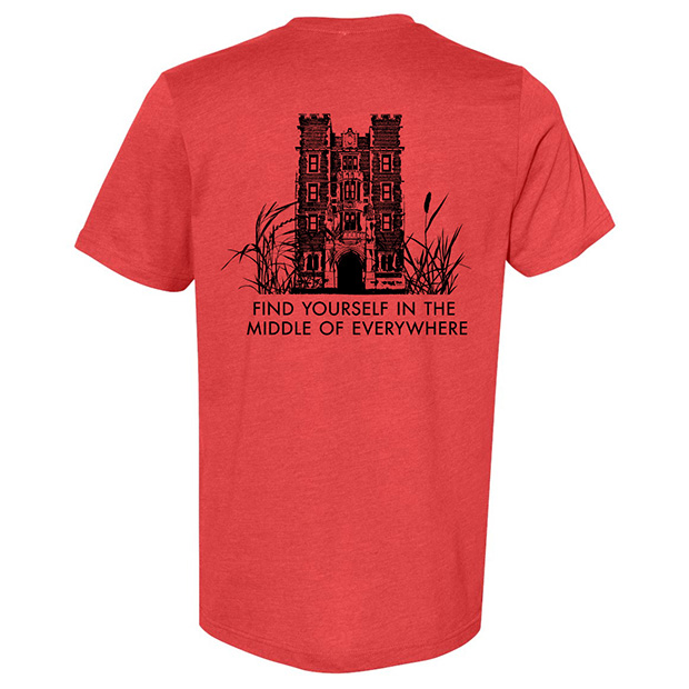 A red T-Shirt. The shirt has an illustration of Gates Tower with the text "Find Yourself in the Middle of Everywhere" under the image.