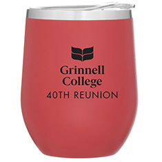 A red tumbler. The Grinnell College logo and "40th Reunion" is printed on the side.