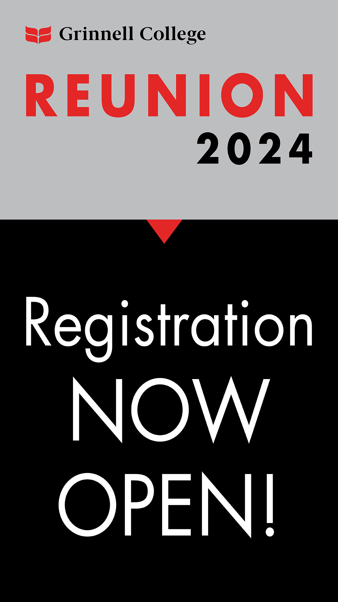 Red, White, and Black Text on a gray and black background. Text: Reunion 2024. Registration Now Open!