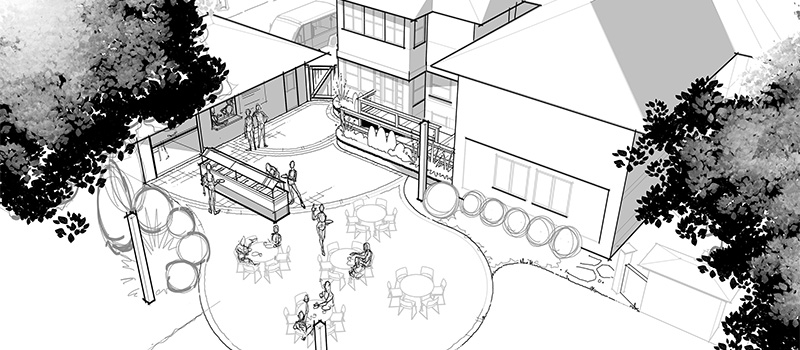 A sketch of the new planned outdoor gathering space at the Hannah Alumni House.