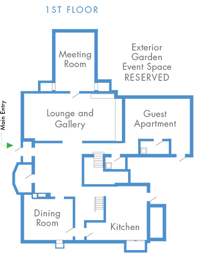 First floor layout of the Hannah Alumni House showing the planned meeting rooms, lounge and gallery area, dining room, and the guest apartment.