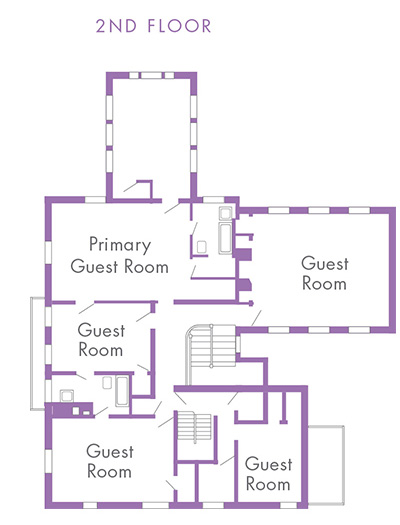 Second floor layout of the Hannah Alumni House showing the planned guest rooms.