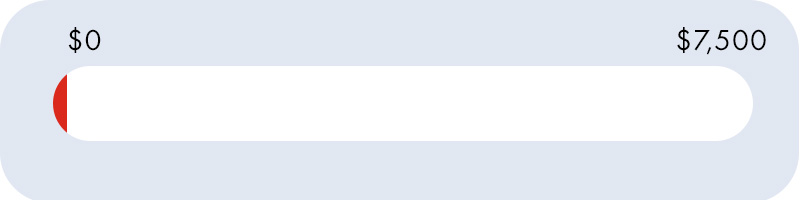 A progress bar showing progress against a goal of $7,500. $0 is on the left and $7,500 is on the right with an empty space to be filled in by a red line. The Red Bar is just peaking out on the left.